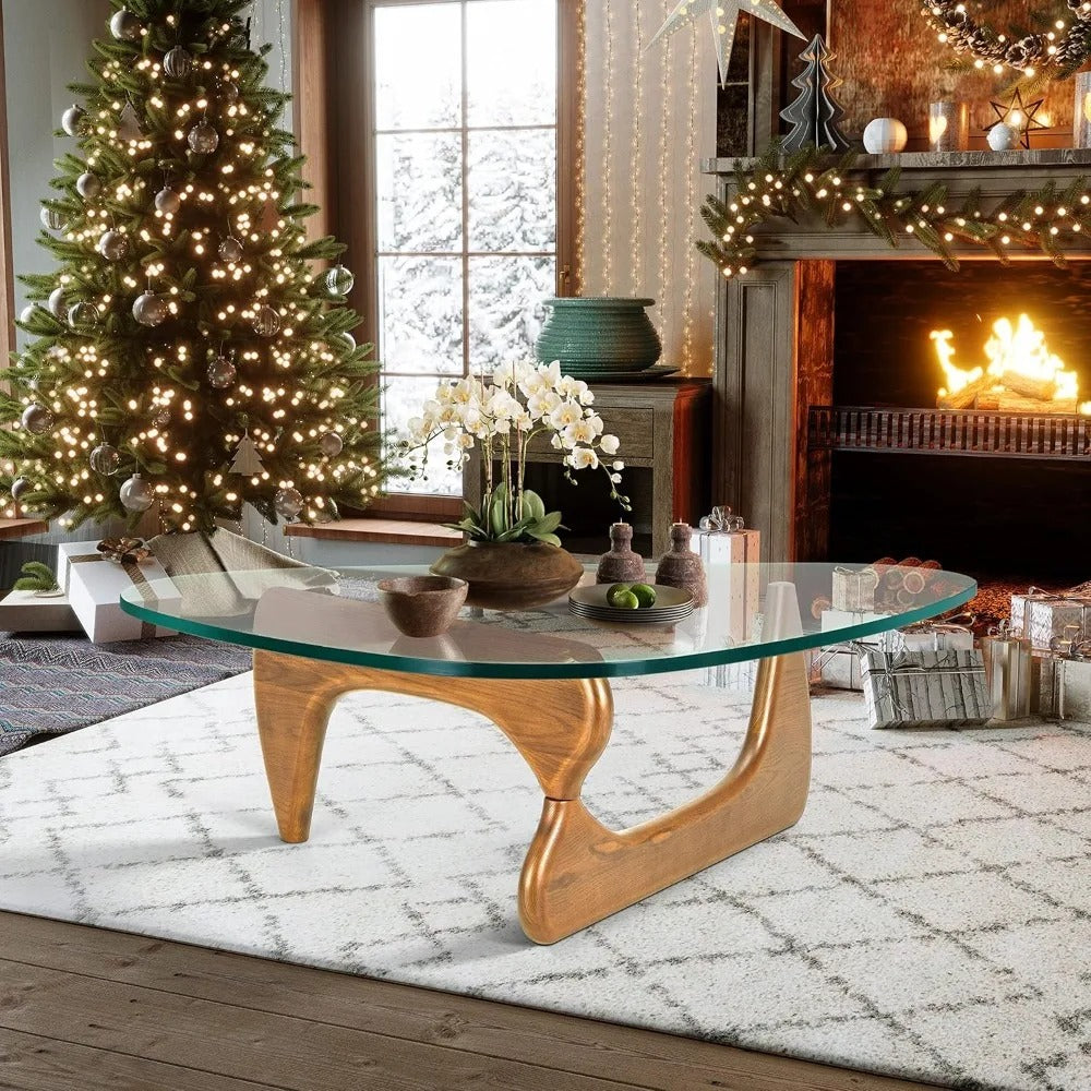 Modern Triangle Glass Coffee Table – Mid-Century Style with Solid Wood Base & Tempered Glass Top, 50” Light Walnut Finish