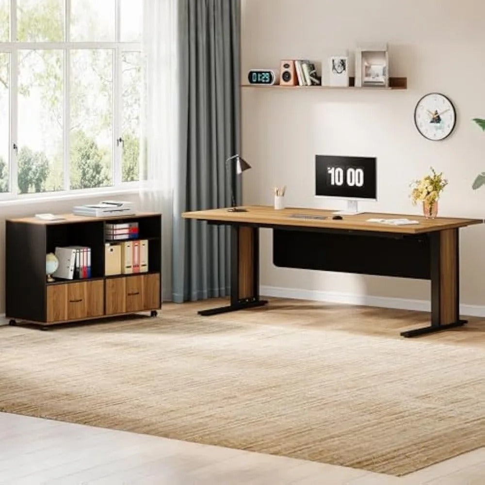 63" L-Shaped Executive Computer Desk with File Cabinet – Retro Office Workstation with Reversible Design & Storage Drawers