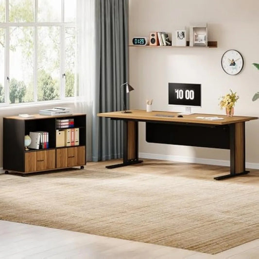 63" L-Shaped Executive Computer Desk with File Cabinet – Retro Office Workstation with Reversible Design & Storage Drawers