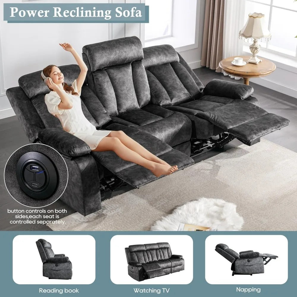 3-Seater Power Reclining Sofa with Massage & Heat – USB/Type-C Ports, Drop-Down Table, Cup Holders & Storage | Dutch Velvet Couch