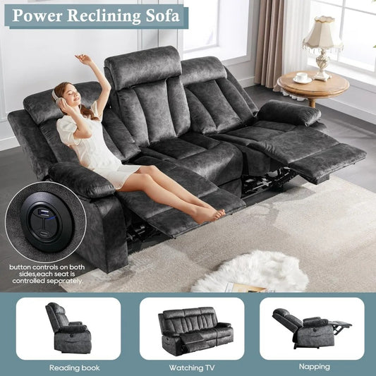 3-Seater Power Reclining Sofa with Massage & Heat – USB/Type-C Ports, Drop-Down Table, Cup Holders & Storage | Dutch Velvet Couch