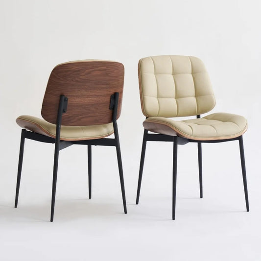 Mid-Century Modern Dining Chairs Set of 4 – Walnut Grain Back, Beige Faux Leather Upholstery, Checkered Cushion, Metal Frame