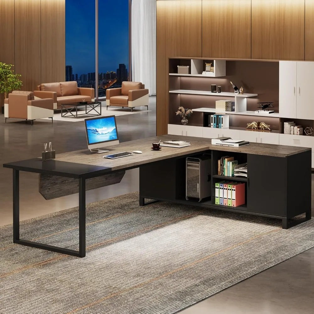 70.8" L-Shaped Executive Desk with 55" File Cabinet – Large Industrial Computer Desk with Storage, Drawers, and Shelves for Home Office