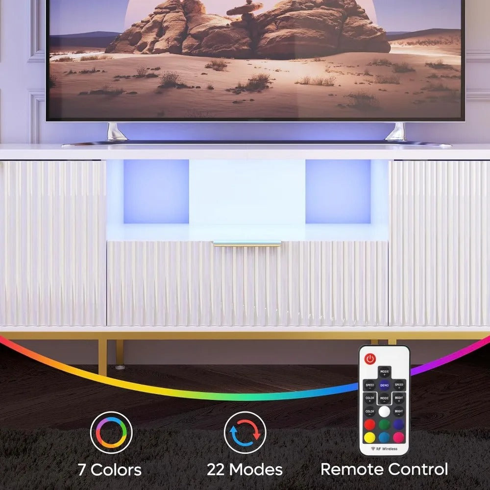 70" Fluted TV Stand for TVs up to 80" – Modern High Gloss Entertainment Center with LED Lights, Storage Cabinets & Gold Accents – White