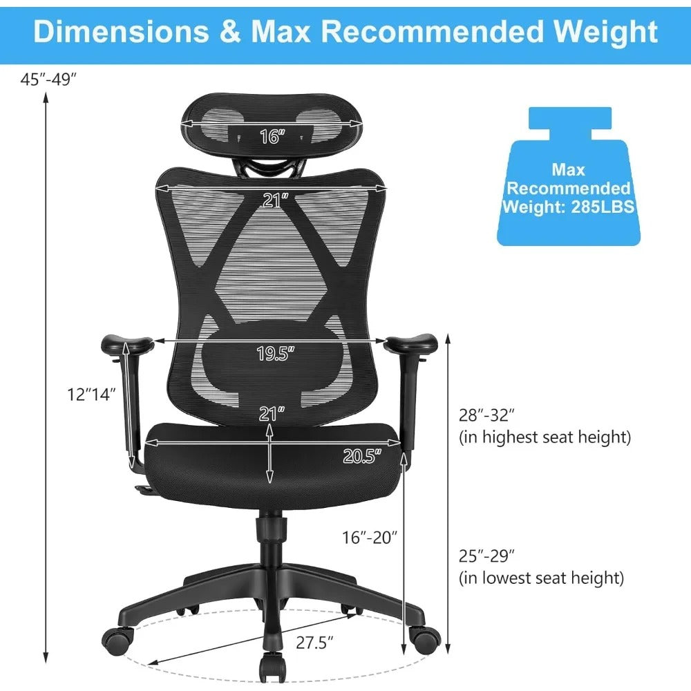 Ergonomic Mesh Office Chair with 2D Lumbar Support – High Back Desk Chair with Adjustable Headrest & Armrests