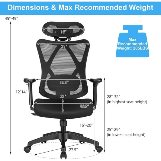 Ergonomic Mesh Office Chair with 2D Lumbar Support – High Back Desk Chair with Adjustable Headrest & Armrests