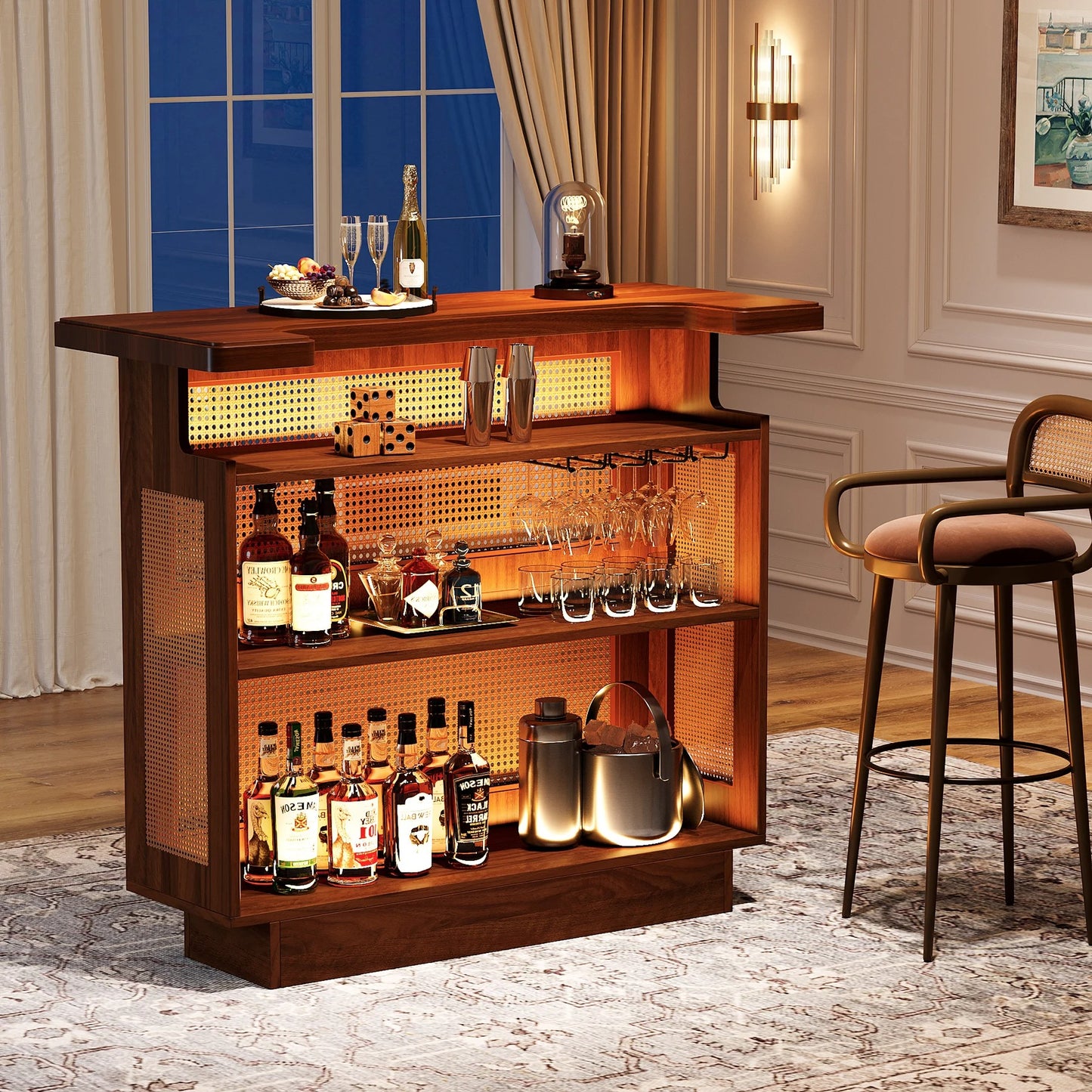 Farmhouse Rattan Home Bar Cabinet with 4 Shelves, Stemware Racks & Elevated Base – Rustic Liquor Storage Table