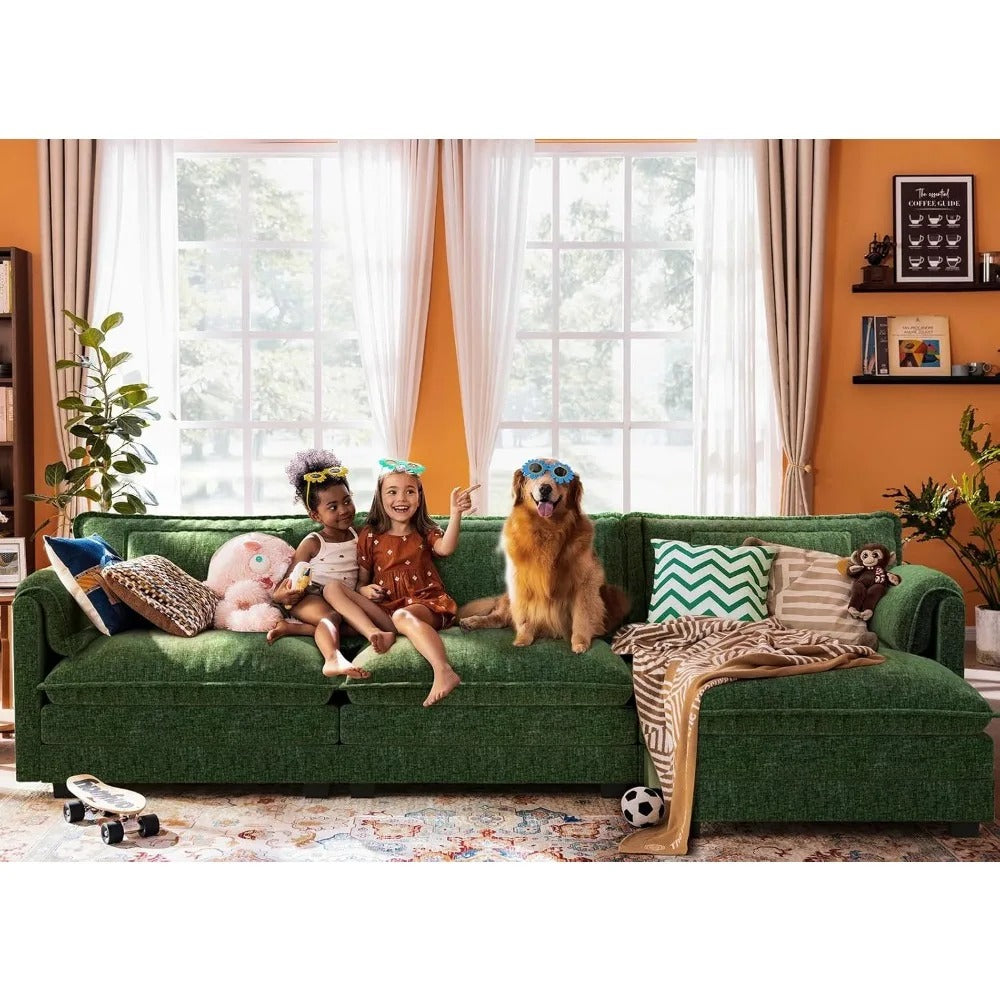 113" Modular L-Shaped Cloud Sofa with Ottoman, Deep Seat Sectional for Living Room – Green