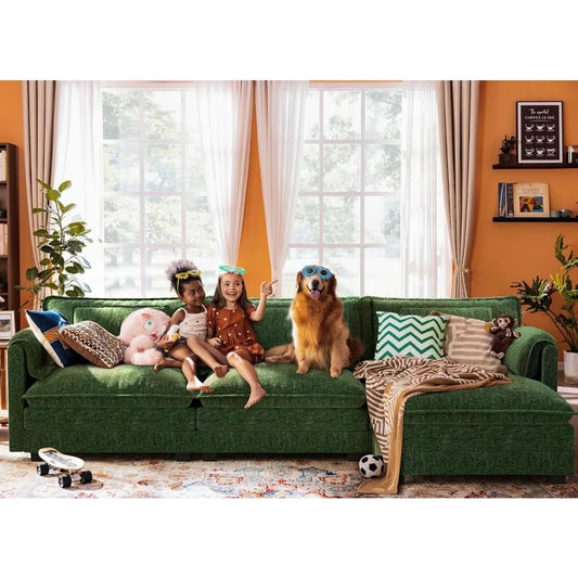 113" Modular L-Shaped Cloud Sofa with Ottoman, Deep Seat Sectional for Living Room – Green