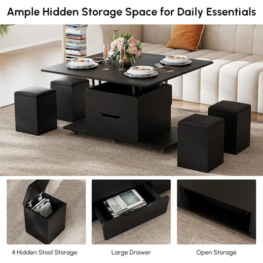 3-in-1 Lift-Top Coffee Table with Hidden Storage & 4 Stools – Black, Modern, on Wheels