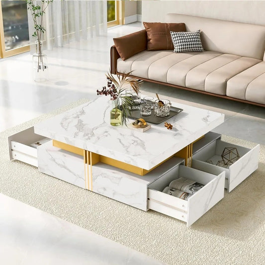 Modern Square Coffee Table with 4 Drawers – White & Gold Center Table with Sliding Top, Puzzle Design & Storage Compartments