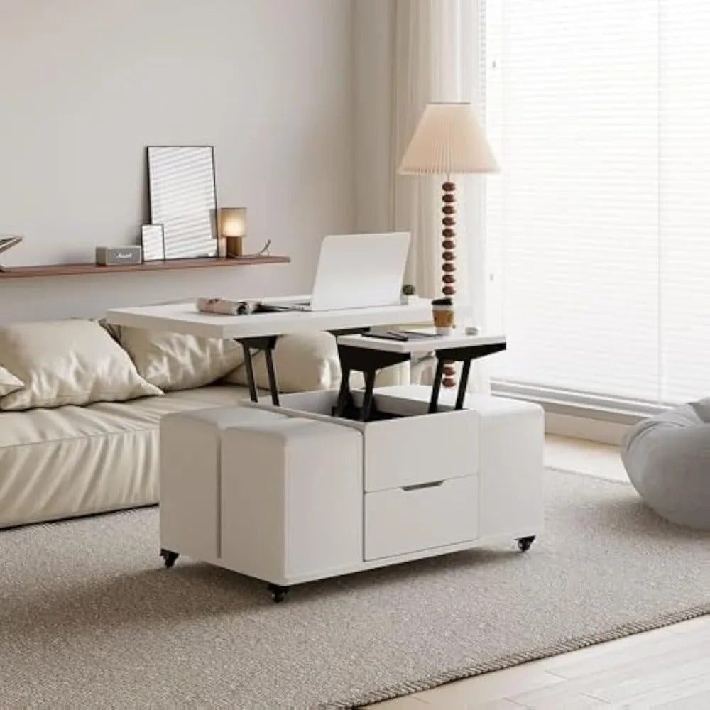 3-in-1 White Lift Top Coffee Table with Storage, Folding Dining Table & 4 Hidden Stools on Casters