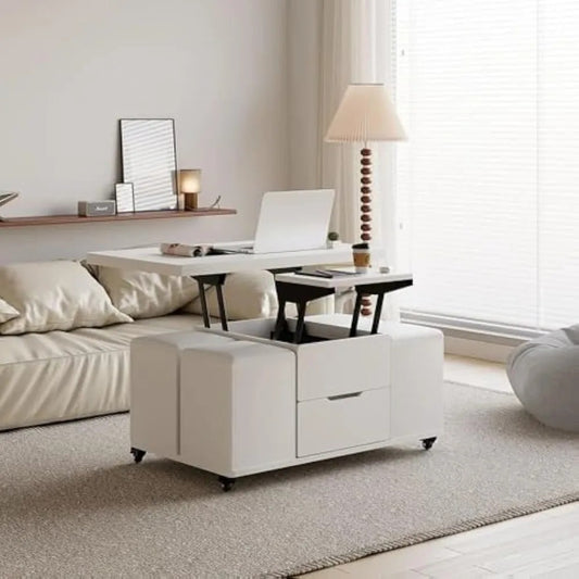 3-in-1 White Lift Top Coffee Table with Storage, Folding Dining Table & 4 Hidden Stools on Casters