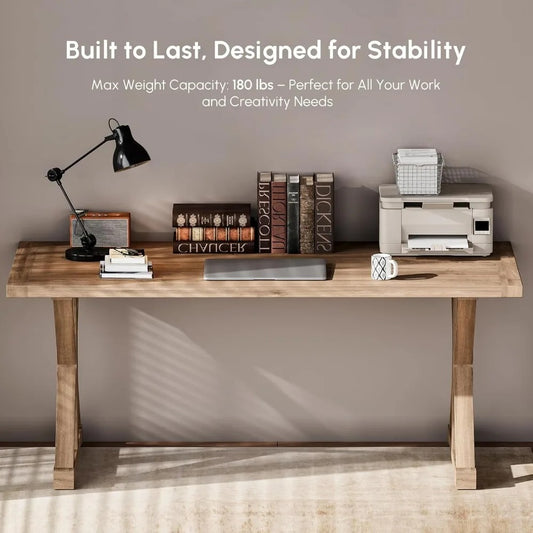 59" Rustic Farmhouse Office Desk – Executive Computer Table with Trestle Base, Natural Wood Finish