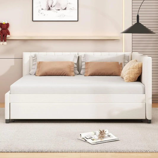 Full Size Upholstered Daybed with Twin Trundle – Linen Fabric Sofa Bed Frame, No Box Spring Needed, Beige