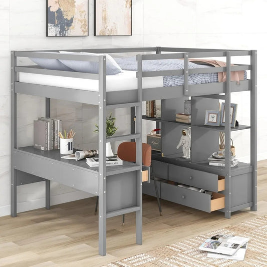 Full Size Loft Bed with Desk, Bookshelf & Drawers – Solid Wood Loft Frame for Kids or Teens, Grey