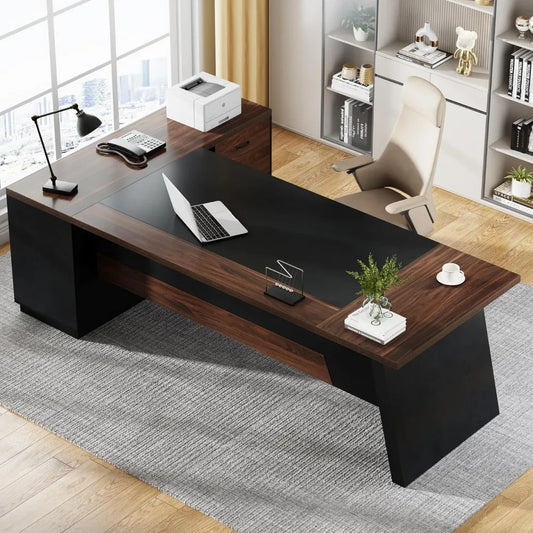 Modern L-Shaped Executive Desk with Drawers & Storage – 78" Walnut Black Office Workstation