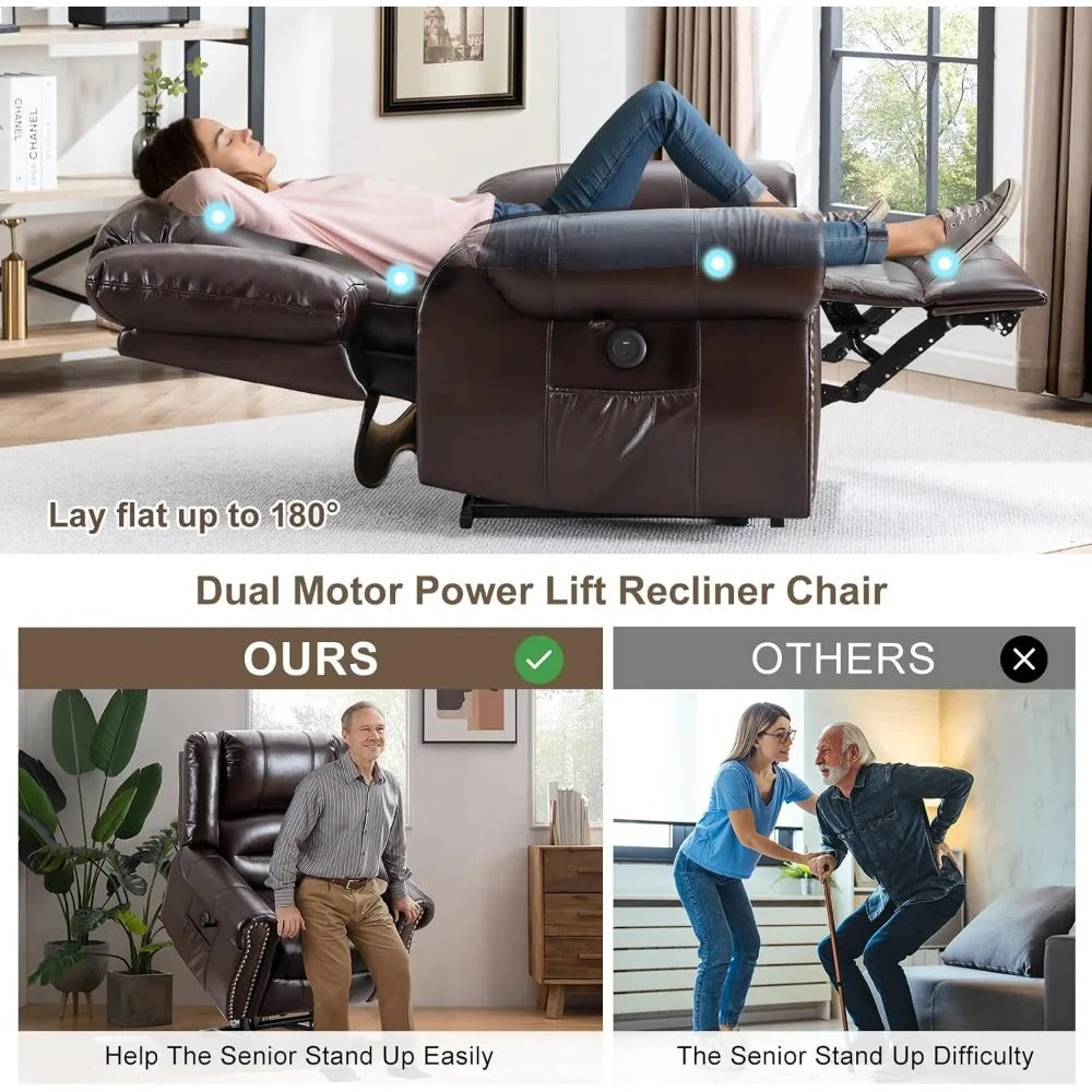 Dual Motor Lay Flat Power Lift Recliner Chair with Massage & Heat – Infinite Position Sleeper Chair for Elderly, Faux Leather, Remote Control, USB, Side Pocket