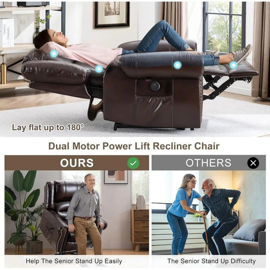 Dual Motor Lay Flat Power Lift Recliner Chair with Massage & Heat – Infinite Position Sleeper Chair for Elderly, Faux Leather, Remote Control, USB, Side Pocket