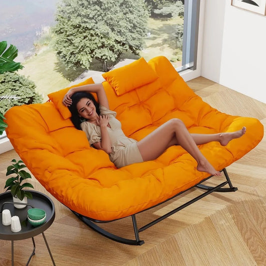 Double Papasan Rocking Loveseat – 2-Person Outdoor Chair with Cushion & Rattan Frame