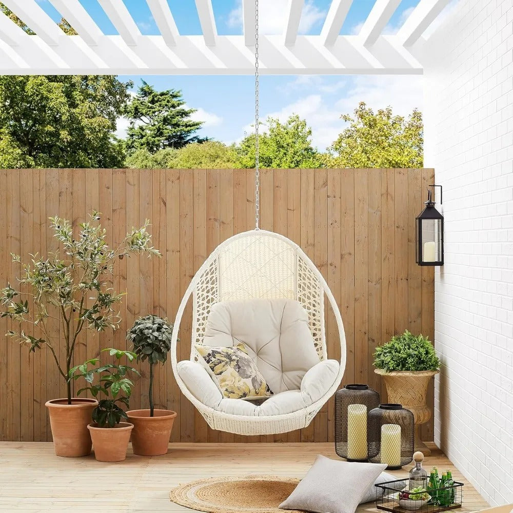 Hanging Egg Chair with Beige Cushion – Teardrop Outdoor Wicker Swing (No Stand)