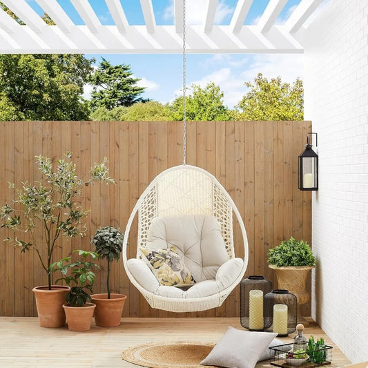 Hanging Egg Chair with Beige Cushion – Teardrop Outdoor Wicker Swing (No Stand)