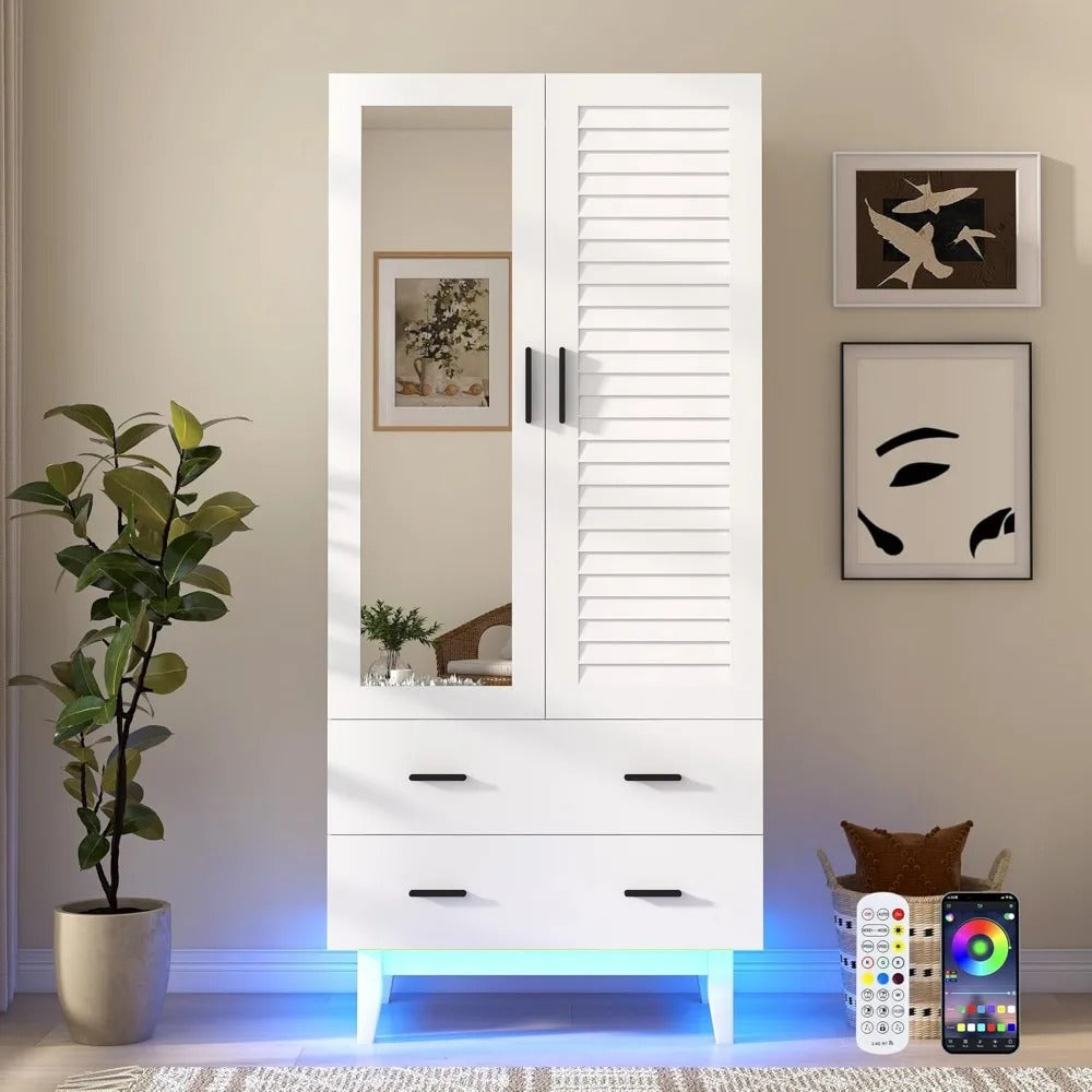 2-Door Armoire Wardrobe Closet with Drawers & LED Lights – Hanging Rod, Shelves, and Louver Doors, White Modern Storage Cabinet