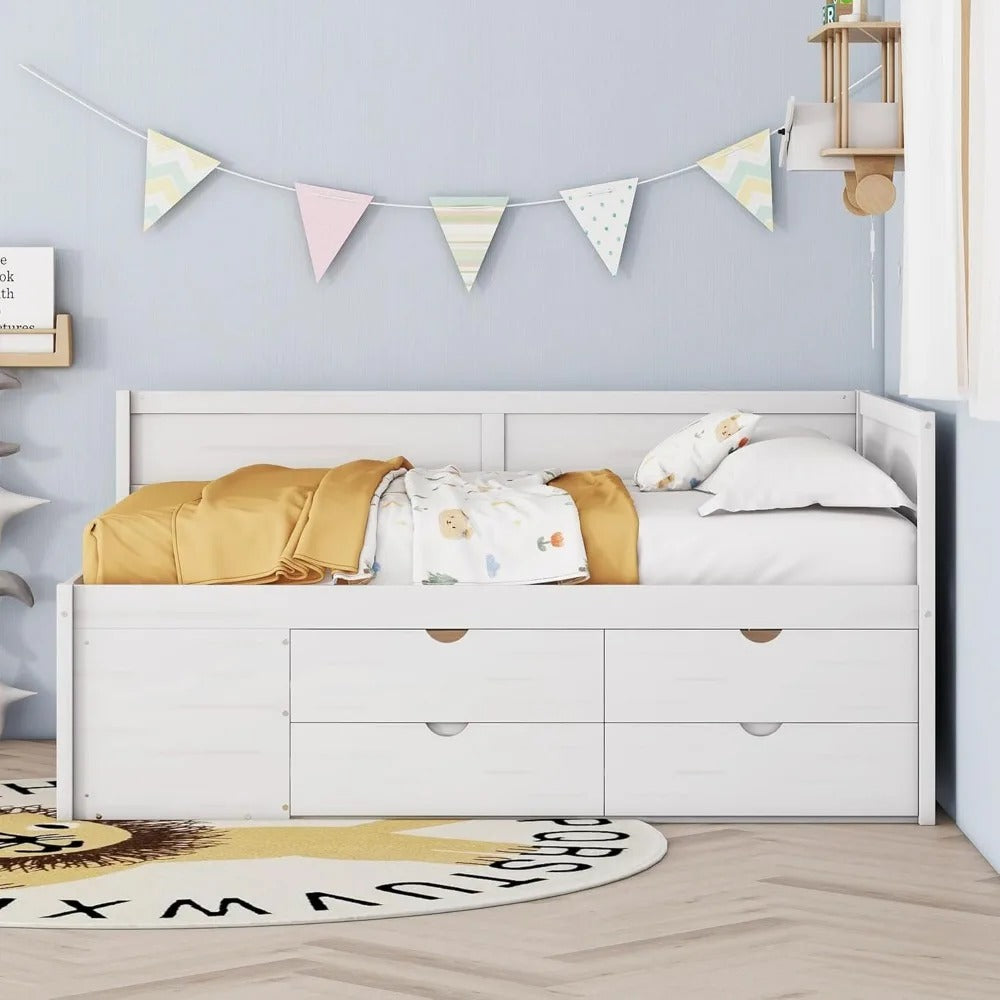 Full Size Daybed with Storage Drawers & Shelves – Solid Wood Sofa Bed Frame for Kids, Teens, or Guest Room (White)
