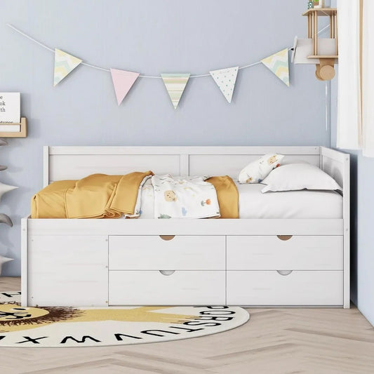 Full Size Daybed with Storage Drawers & Shelves – Solid Wood Sofa Bed Frame for Kids, Teens, or Guest Room (White)