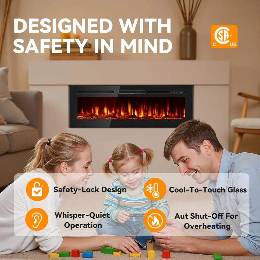 60" Wall-Mounted Electric Fireplace – Ultra-Thin Recessed Heater with 12 Flame Colors & Remote
