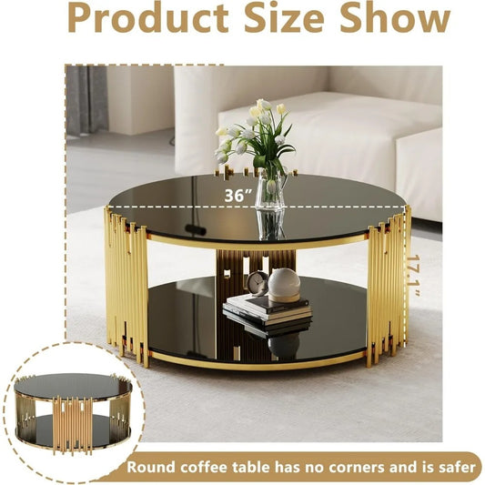 36" Black & Gold Round Glass Coffee Table – Modern 2-Tier Luxury Coffee Table with Tempered Glass and Gold Stainless Steel Frame