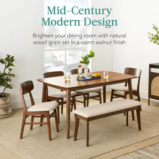 6-Piece Mid-Century Dining Set – Walnut Table with Upholstered Chairs & Bench