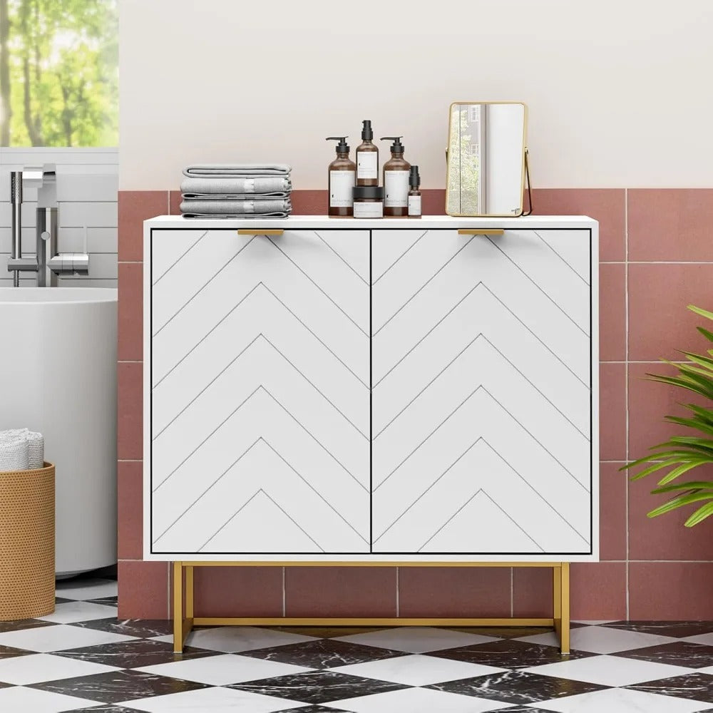 Modern White Sideboard Buffet with Gold Legs – Herringbone Design, Adjustable Shelf, Multi-Purpose Storage Cabinet