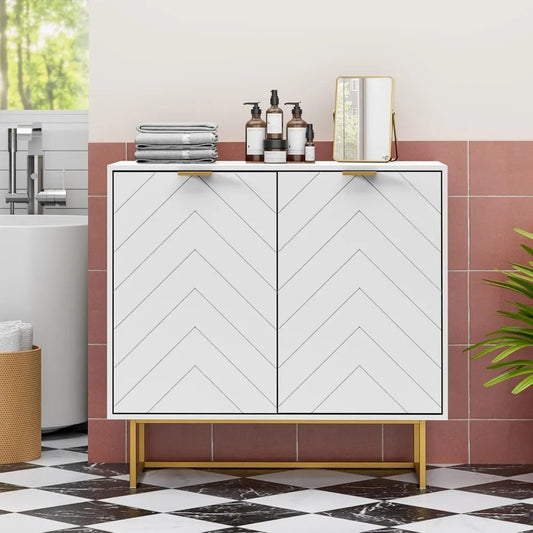 Modern White Sideboard Buffet with Gold Legs – Herringbone Design, Adjustable Shelf, Multi-Purpose Storage Cabinet