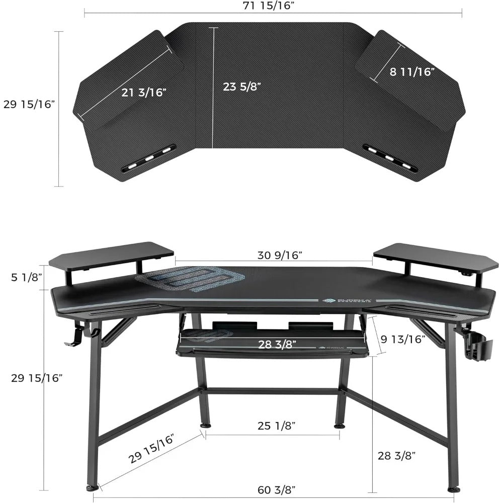 72" Wing-Shaped Gaming Desk with RGB Lights, Monitor Stands, Keyboard Tray & Cup Holder