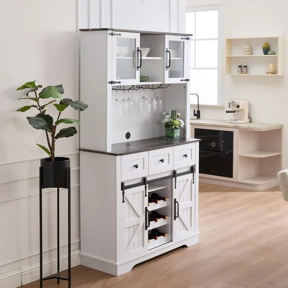 71'' Farmhouse Coffee Bar Cabinet with Sliding Barn Doors, Drawers & Wine Glass Rack – Black Kitchen Pantry & Buffet Storage Cabinet