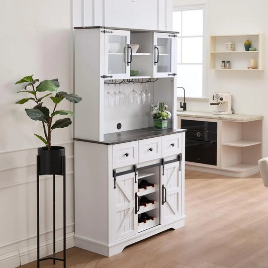71'' Farmhouse Coffee Bar Cabinet with Sliding Barn Doors, Drawers & Wine Glass Rack – Black Kitchen Pantry & Buffet Storage Cabinet