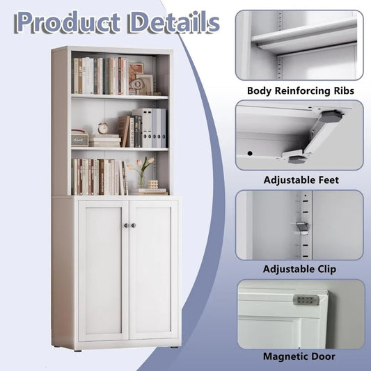 6-Tier Adjustable Metal Bookshelf with Doors – Tall Storage Shelf for Home & Office, 71.6” Height