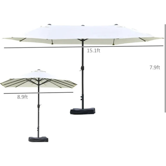 15FT Double-Sided Patio Umbrella with Base & Sand Bag – Extra Large Outdoor Sun Shade with Crank & Vents, UV-Resistant, White