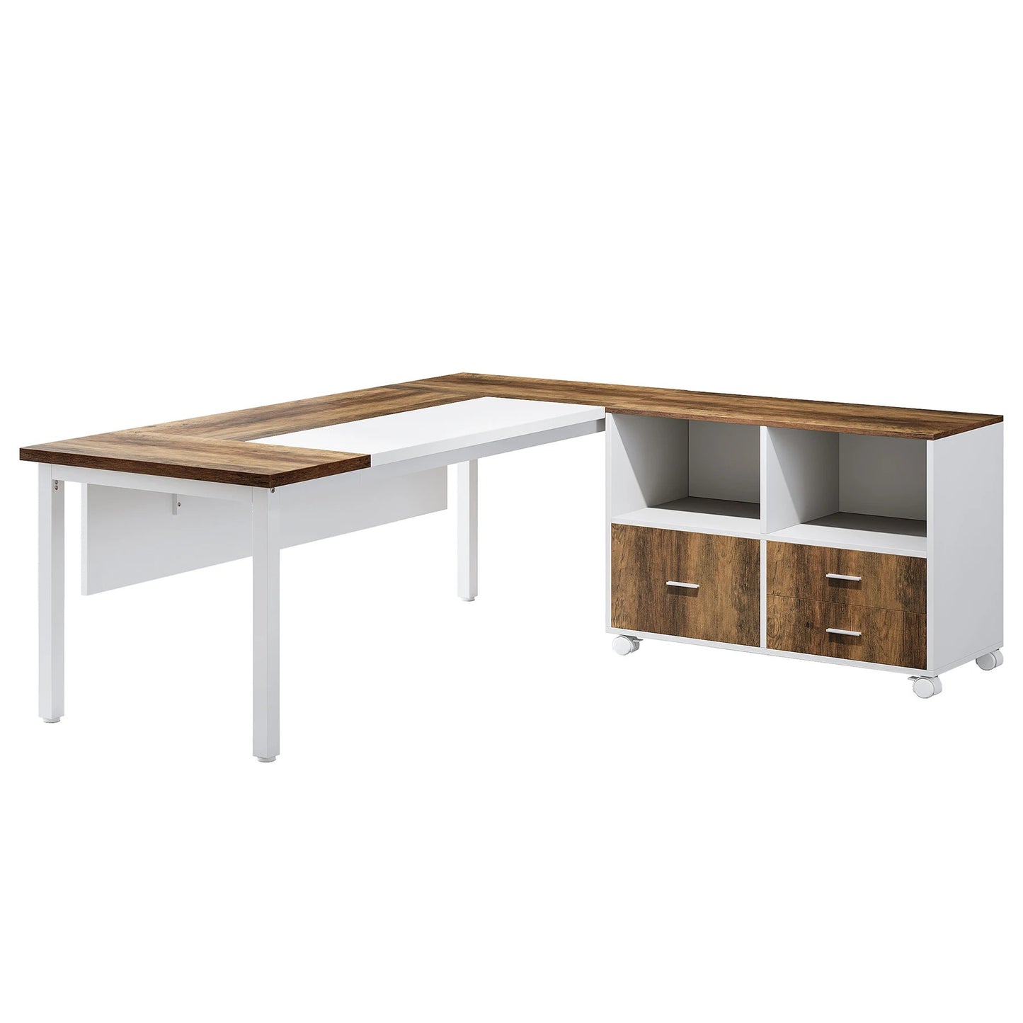A spacious and versatile L-shaped desk and filing cabinet set for a stylish, productive home office. Perfect for multitasking, organizing, and maximizing workspace.
