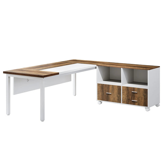 A spacious and versatile L-shaped desk and filing cabinet set for a stylish, productive home office. Perfect for multitasking, organizing, and maximizing workspace.