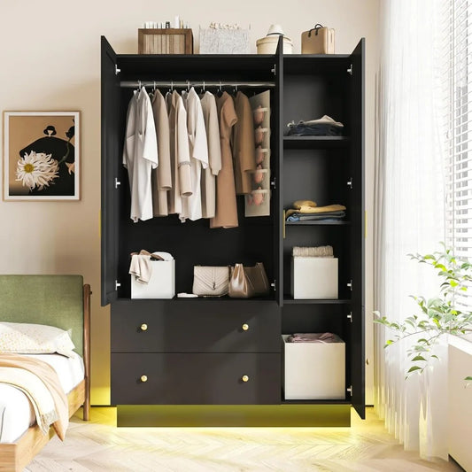 Modern 3-Door Black Wardrobe with Mirror & RGB Lights – Spacious Armoire Closet with Organizers & Hanging Rod