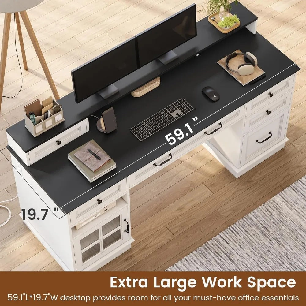 Farmhouse Executive Desk with Drawers, File Cabinet, Power Outlet & RGB LED – 59" Computer Desk with Hutch & Storage for Home Office