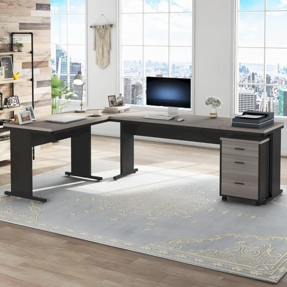 83" L-Shaped Executive Desk with Drawers – Industrial Corner Computer Desk with 3-Drawer File Cabinet, Grey Walnut Finish