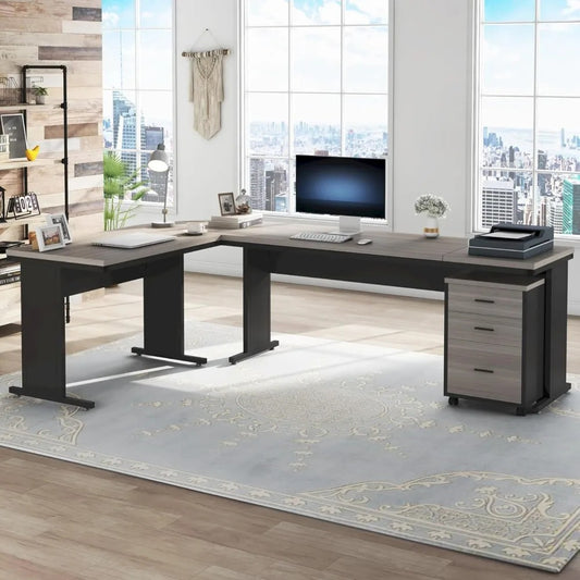 83" L-Shaped Executive Desk with Drawers – Industrial Corner Computer Desk with 3-Drawer File Cabinet, Grey Walnut Finish
