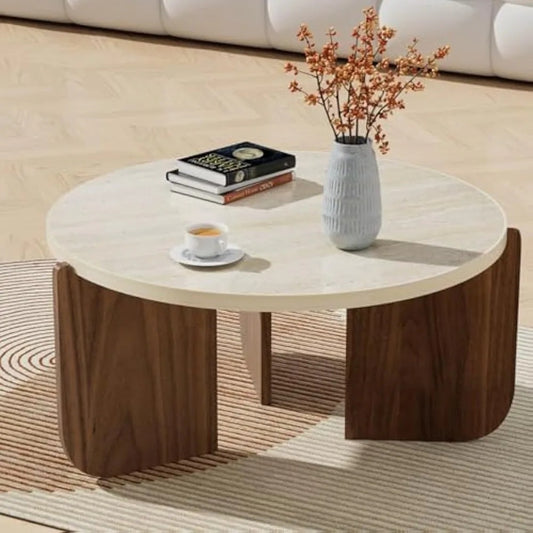 28" Round Travertine Coffee Table – Minimalist Faux Stone Table with Oak Wood Base (Beige Yellow)