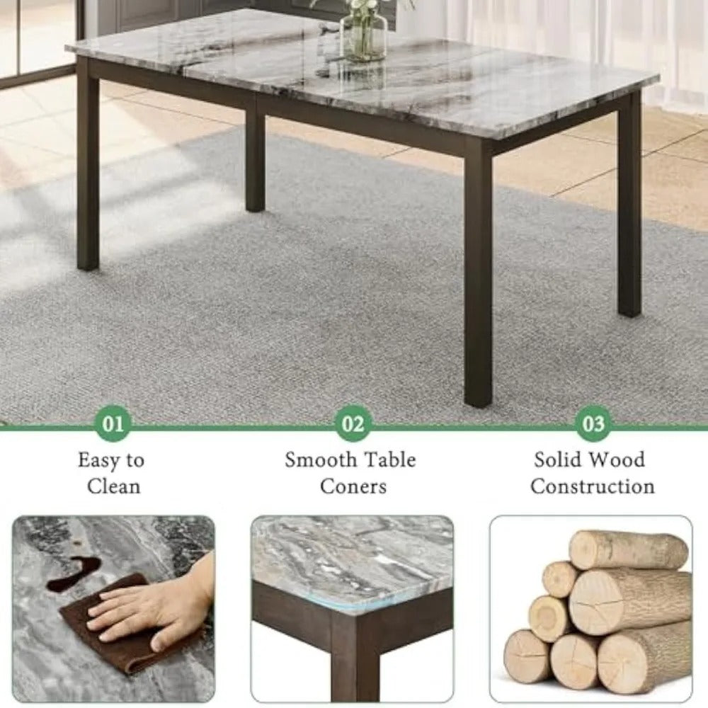 7-Piece Dining Table Set with Faux Marble Top – Includes 6 PU Leather Upholstered Chairs & Solid Wood Frame (Seats 6)