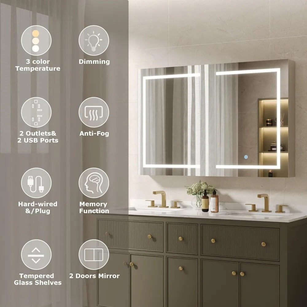 48" LED Medicine Cabinet Mirror – Dimmable Light, Anti-Fog, USB/Outlet, 3 Color Modes