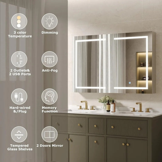 48" LED Medicine Cabinet Mirror – Dimmable Light, Anti-Fog, USB/Outlet, 3 Color Modes