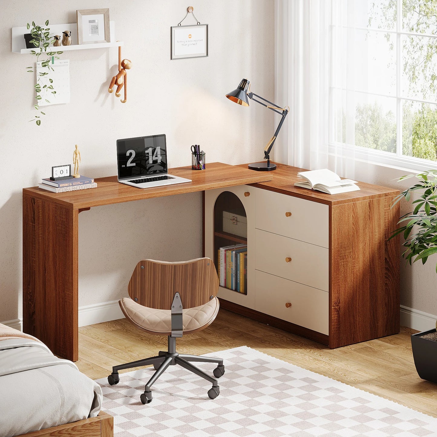 Modern L-Shaped Computer Desk with Drawers and Reversible Cabinet